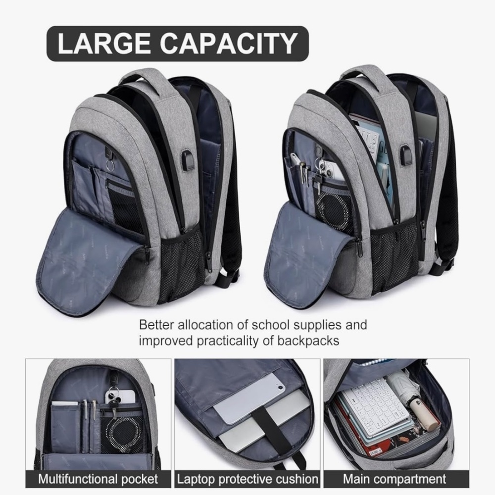Travel Laptop Backpack for Women & Men - Gray - Picture 3 of 9